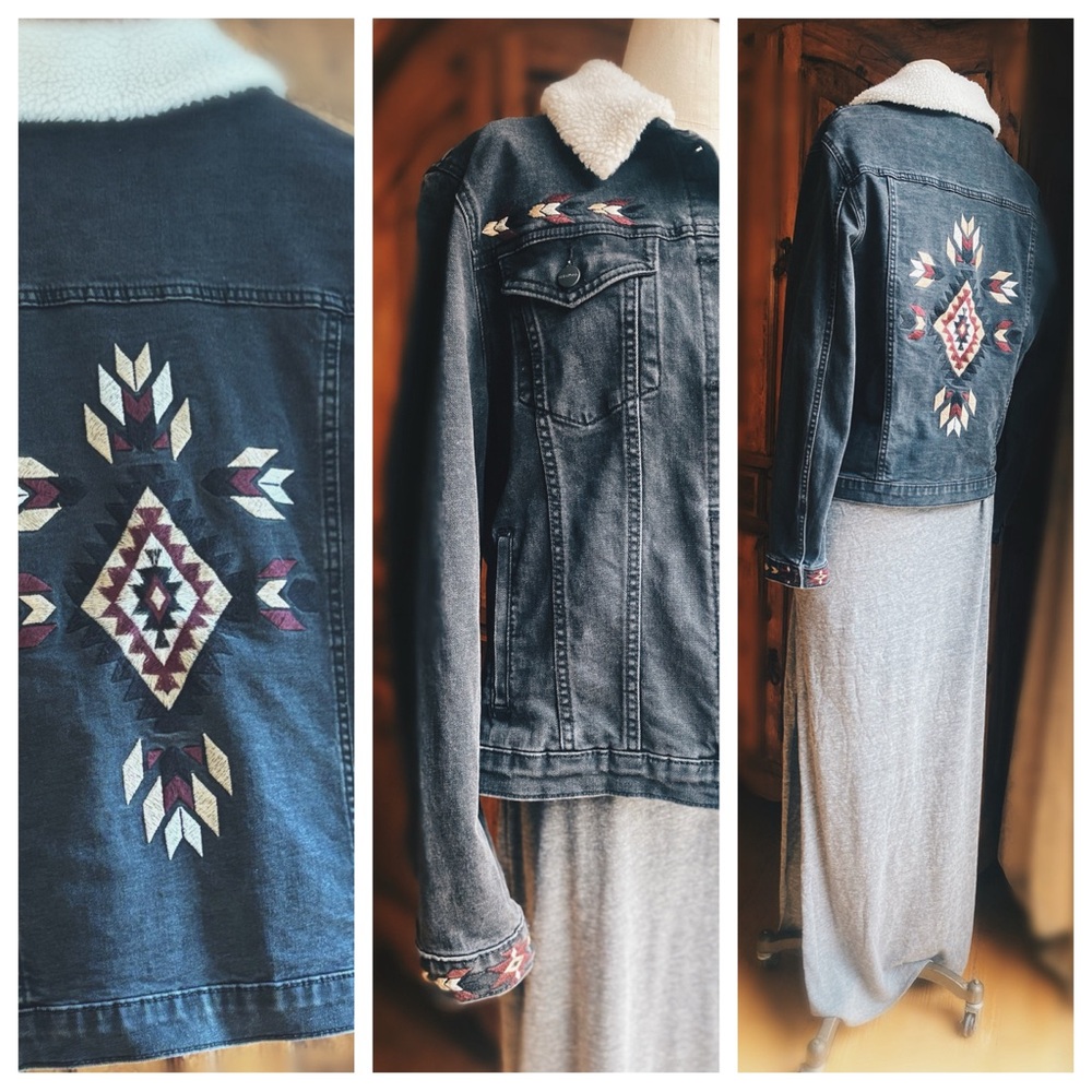 Free People x Driftwood Charcoal Denim Jacket - Aztec Embroidery - Size XL NWOT - Picture 6 of 13